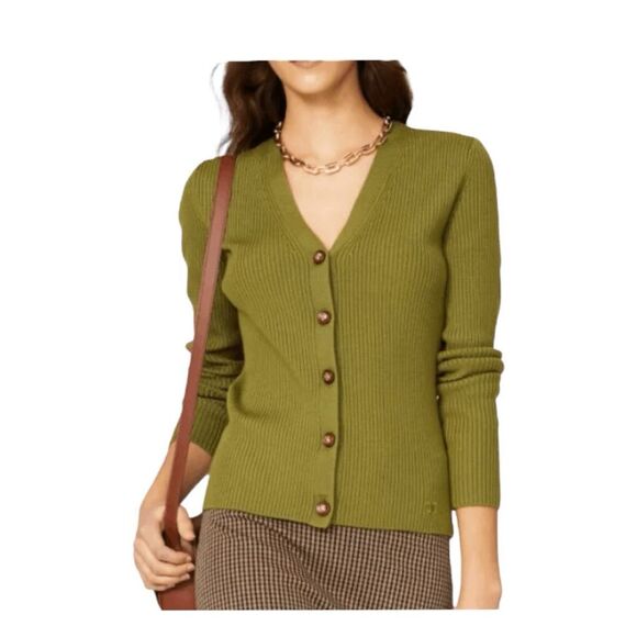 Tory Burch Simone Mossy Green Ribbed Knit Wool Cardigan